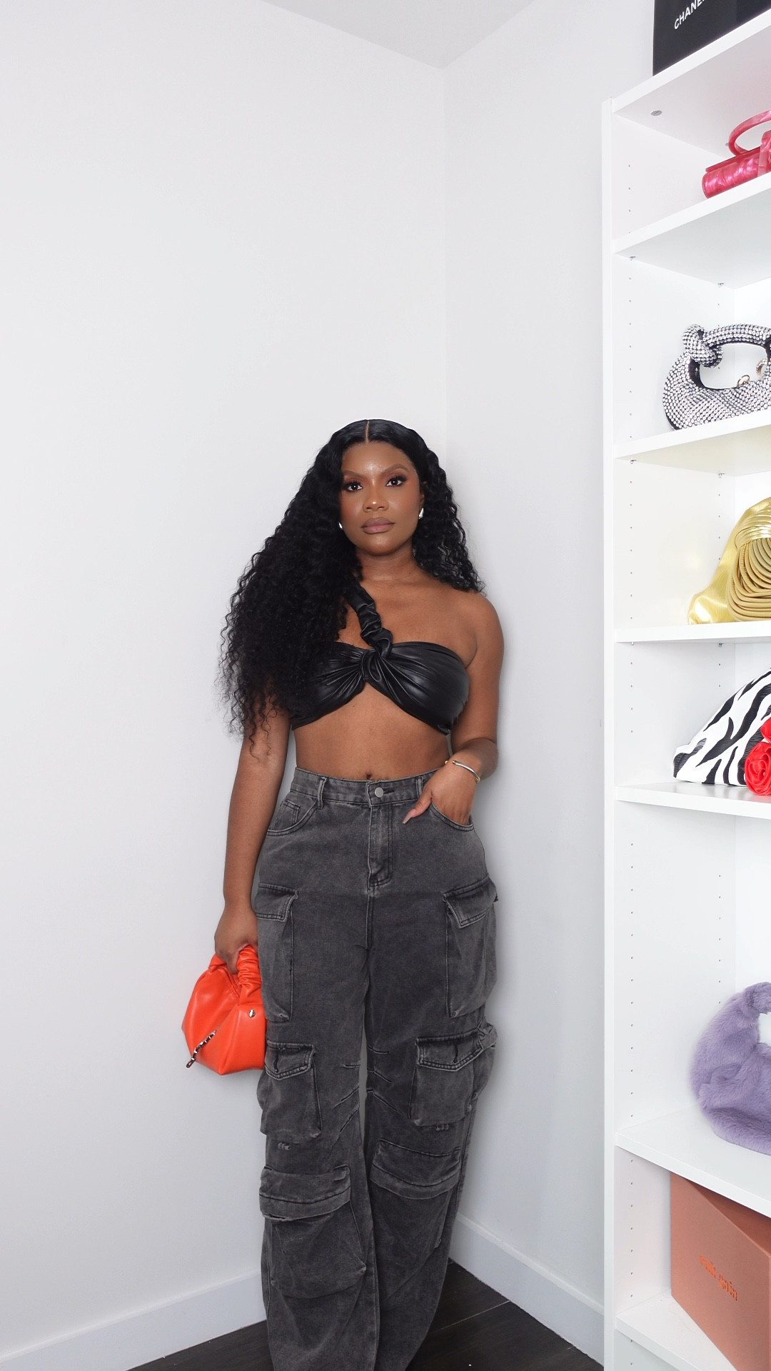 Black cargo jeans, faux leather top, leather crop top, curly hair, orange purse, green blazer, cropped blazer, fall trend, fall fashion, cargo jeans, cargos, bodysuit, black body, Amazon fall fashion 

#LTKstyletip #LTKSeasonal