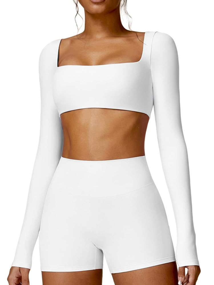 ABOCIW Women Square Neck Long Sleeve Workout Crop Top Low Medium Impact Athletic Yoga Gym Shirts ... | Amazon (US)