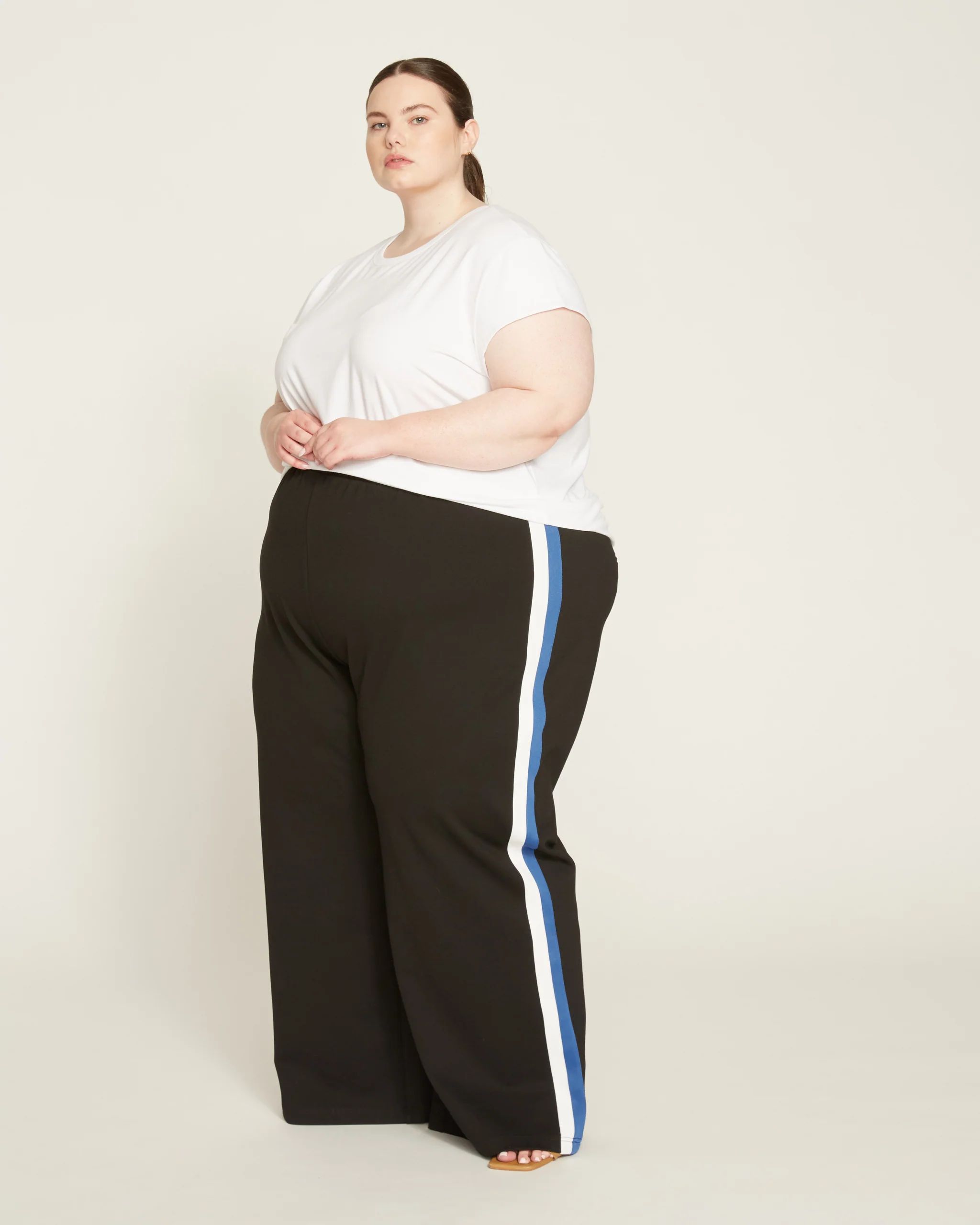 Stephanie Wide Leg Stripe Ponte Pants 30 InchBlack with Blue/White Stripe | Universal Standard