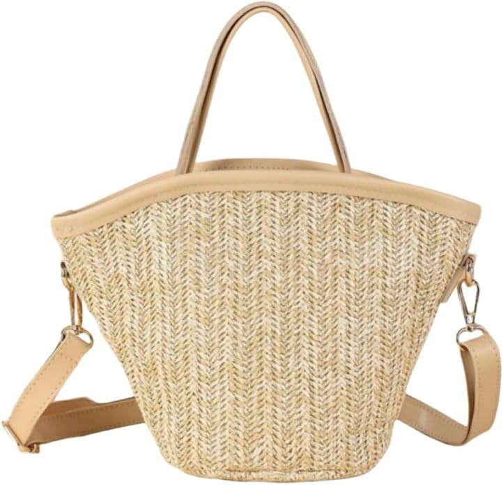 Women Straw Drawstring Bucket Purse Small Tote Shoulder Handbag Hollow Out Cross-body Bag for Sum... | Amazon (US)