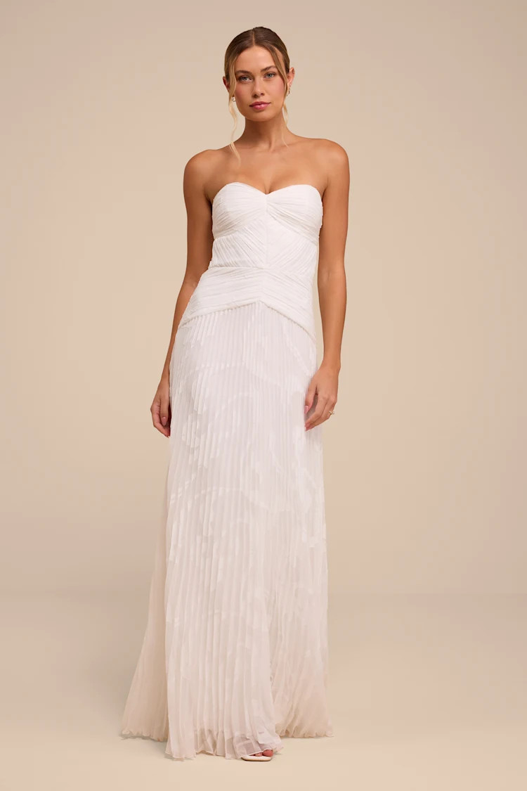 Quinn White Pleated Drop Waist Wedding Dress | Lulus