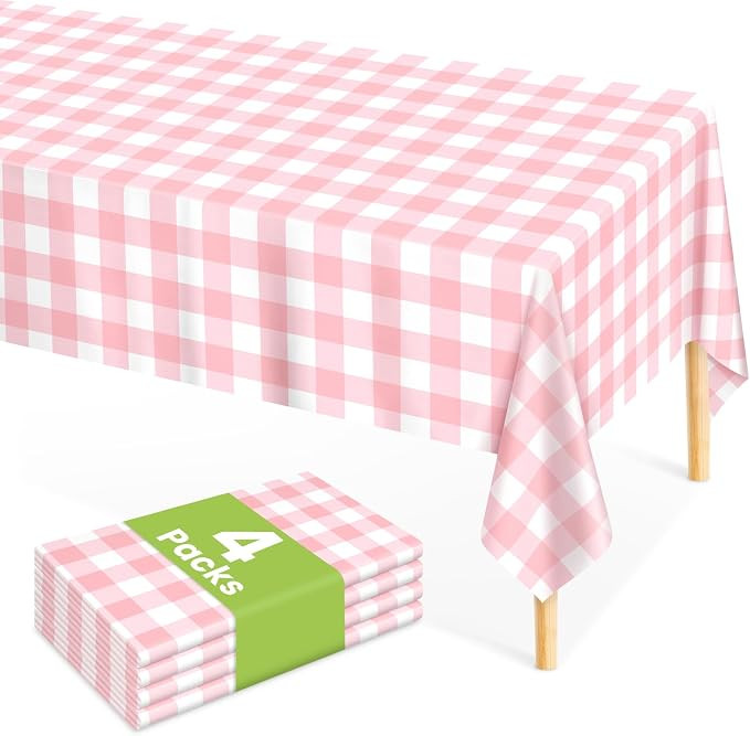 Mulbozy 4 Pcs Pink Gingham Tablecloth 54 × 108 Inches Pink and White Checkered Table Cloth Dispo... | Amazon (US)