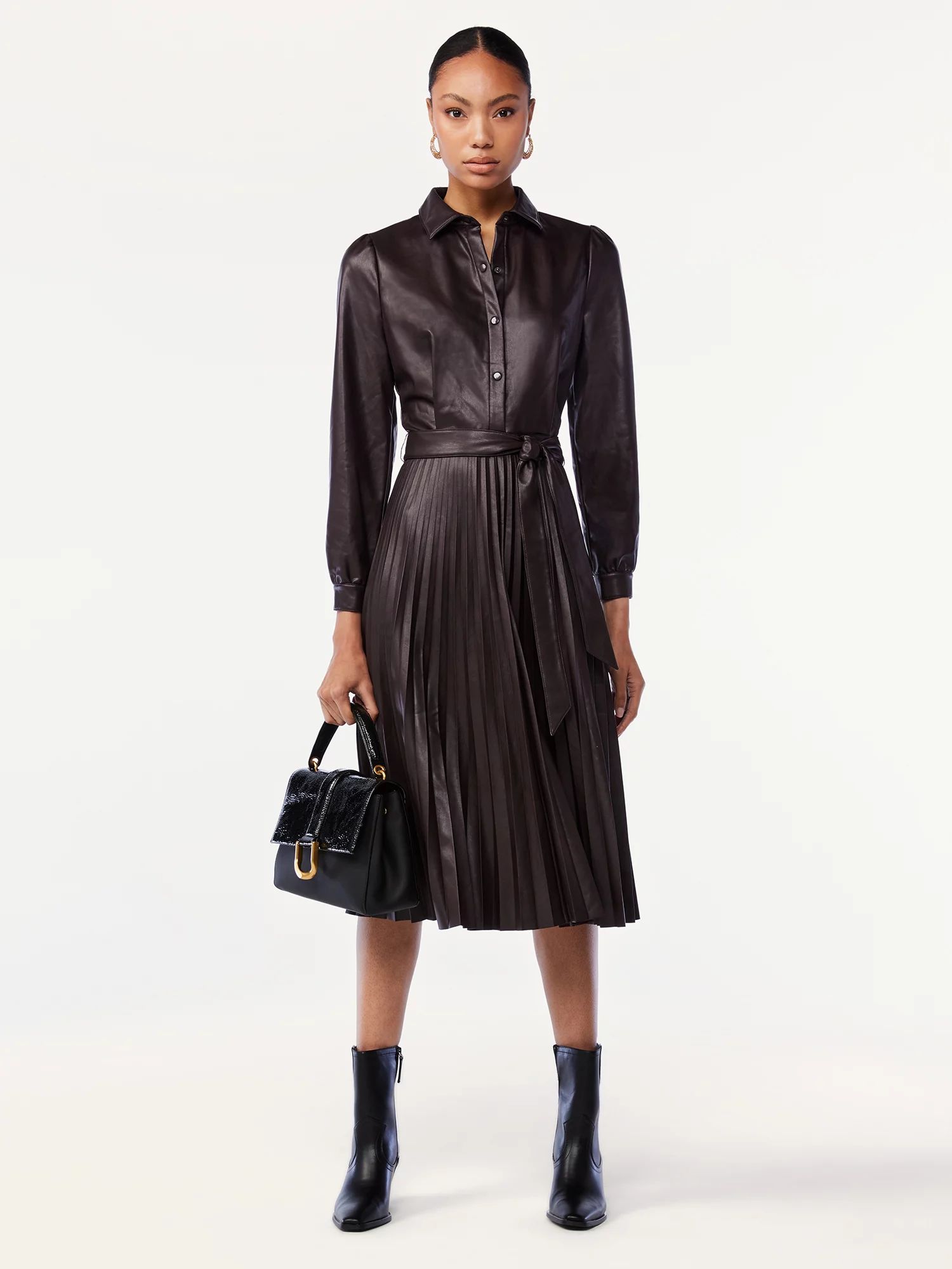 Scoop Women's Faux Leather Pleated Shirtdress - Walmart.com | Walmart (US)