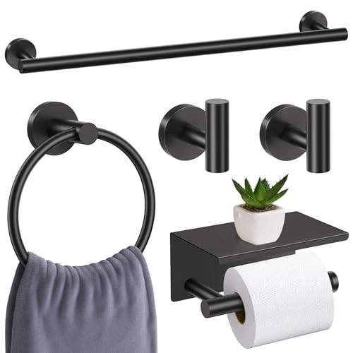 Matte Black Bathroom Hardware Set, 5 Pieces Black Towel Bar Bathroom Accessories Set, Upgraded Toilet Paper Holder with Shelf, 23.6 Inch Towel Rack Towel Holder for Bathroom Wall | Amazon (US)