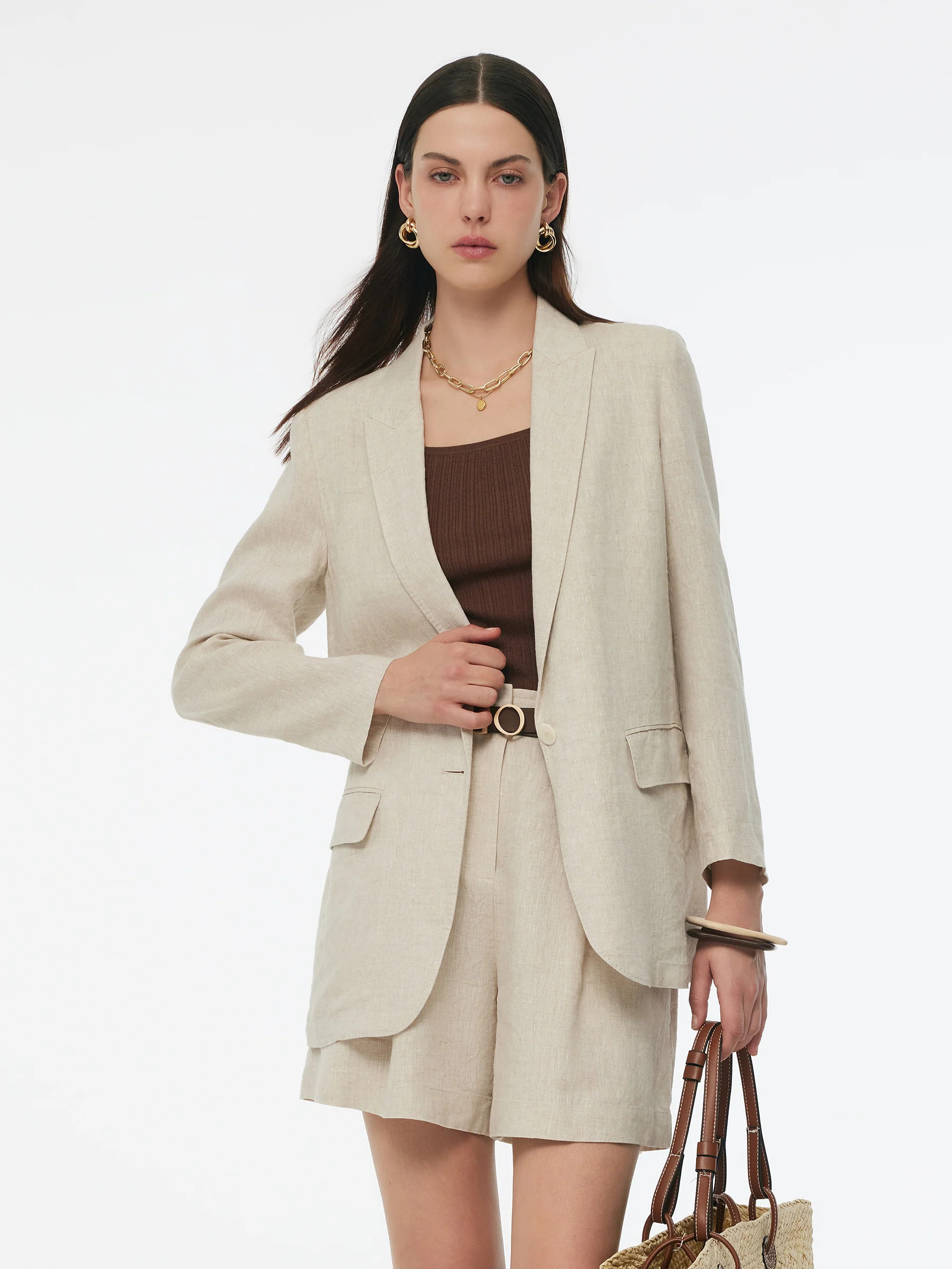 100% Linen Back Slit Women One Button Blazer - Cream / XS | GOELIA