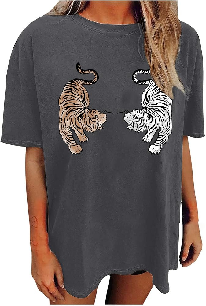 Avanova Women Tigers Graphic Oversized Tee Top Short Sleeve Loose Crewneck Summer T-Shirt | Amazon (US)