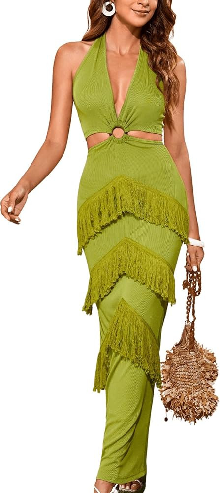 Women's Solid Sleeveless O-Ring Cut Out Halter Neck Maxi Dress Backless Fringe Trim High Waist Su... | Amazon (US)