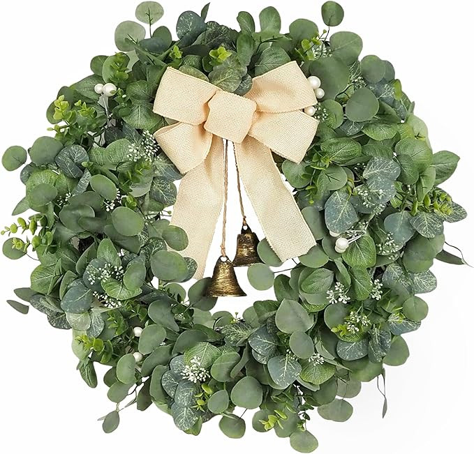 28" Large Eucalyptus Wreath with Burlap Bow and Metal Bells for Front Door, Porch, Window - Overs... | Amazon (US)