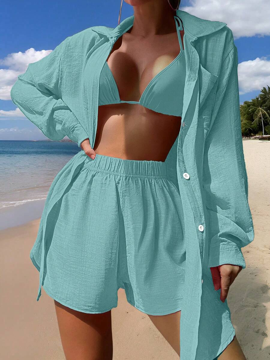 Swim Vcay Women's Vacation Solid Color Long Sleeve Shirt, Kimono Cover Up And Shorts Set | SHEIN