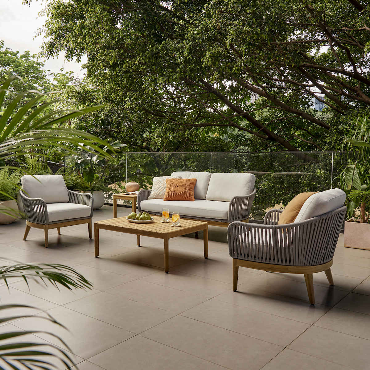 Castlery Isla Outdoor Loveseat, 2 Lounge Chairs & Coffee Table, Solid Teak, Handwoven Rope Design for Multi | Castlery US