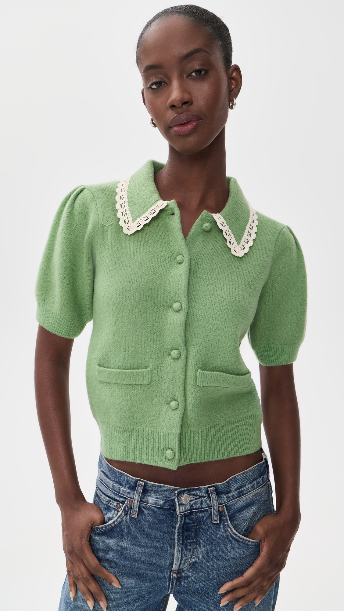 English Factory Lace Trim Puff Sleeve Knit Cardigan Sage XS | Shopbop
