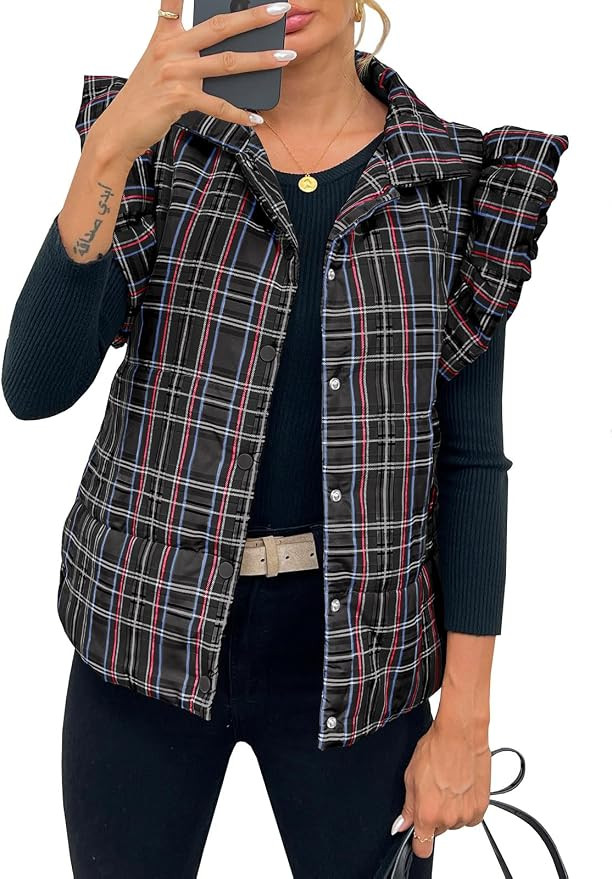 Tankaneo Womens Plaid Puffer Vests Ruffle Sleeveless Lightweight Quilted Vest Fall Winter Padded ... | Amazon (US)