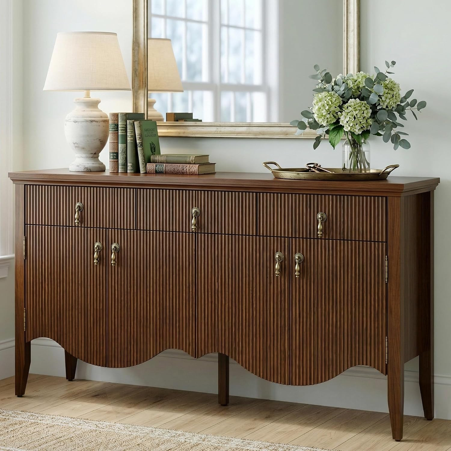 57" Fluted Sideboard Buffet,Retro Storage Cabinet, Walnut | Amazon (US)