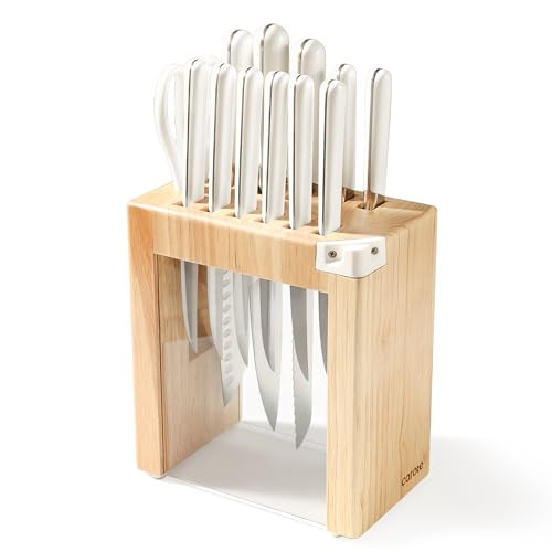 CAROTE 14PCS Knife Set with Acrylic Block, Kitchen Knives with Built-in Sharpener, Cutlery Set with High Carbon Stainless Steel Sharp Blade, Dishwasher Safe, White | Amazon (US)