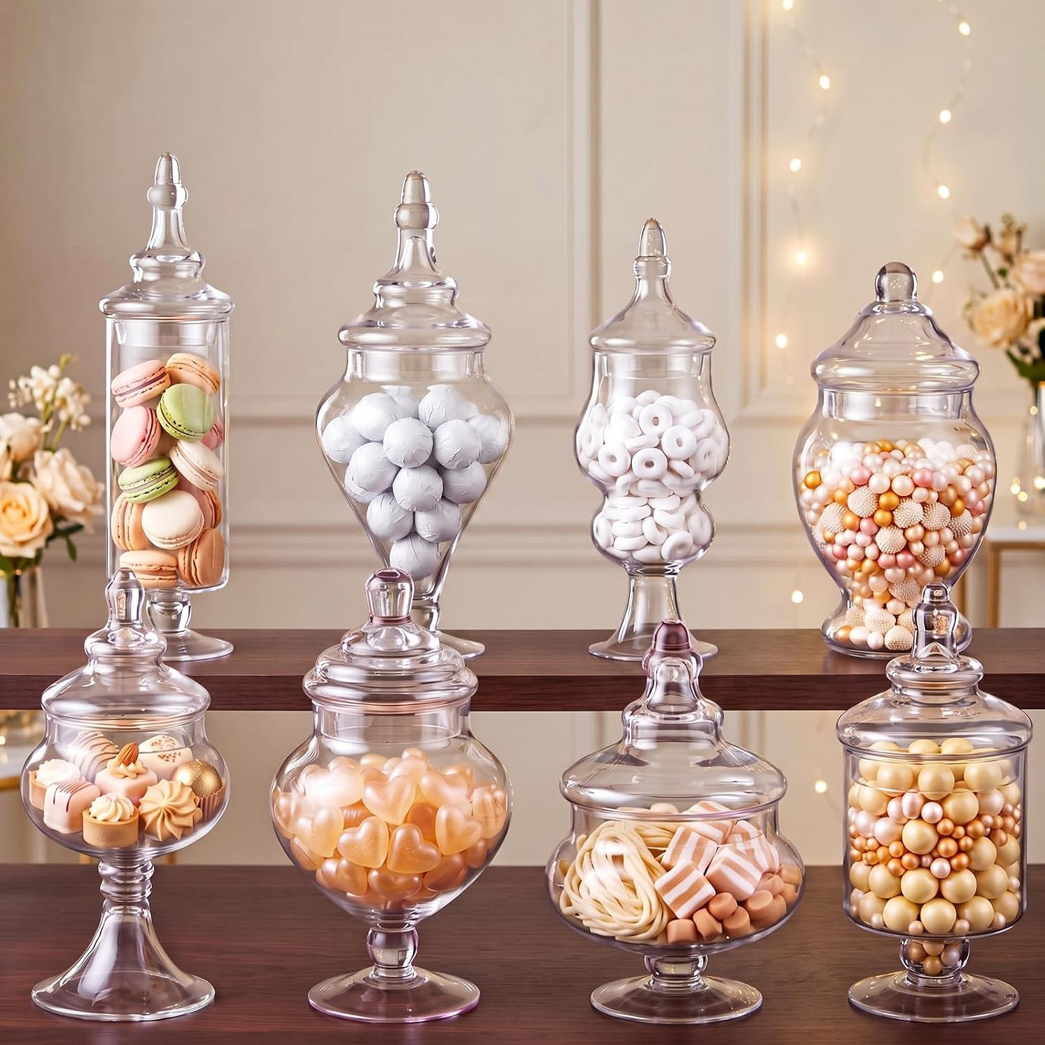 Hushee 8 Pack Glass Apothecary Jars with Lids, Clear Candy Jars Set for Buffet, Wedding Candy Bar Containers, Decorative Glass Dishes for Dessert Table, Kitchen and Bathroom | Amazon (US)