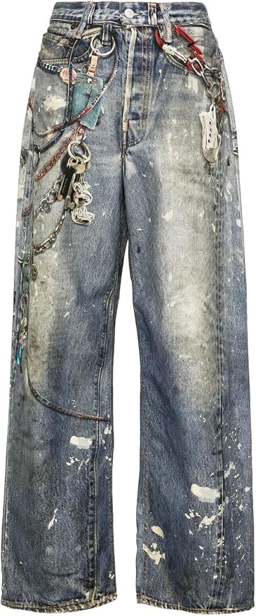 Angsuttc Women's Pants Faux Denim Printed Wide Leg Pant Baggy Elastic Waist Fake Jean 3D Digital ... | Amazon (US)