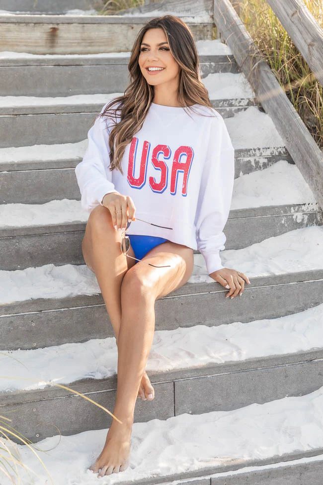 USA Distressed White Cropped Corded Graphic Sweatshirt | Pink Lily
