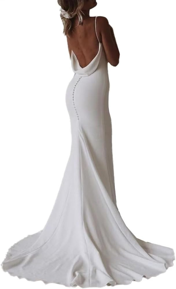 SHANDUO Simple Boho V-Neck Wedding Dress Spaghetti Straps Mermaid Satin Evening Gown with Train | Amazon (US)