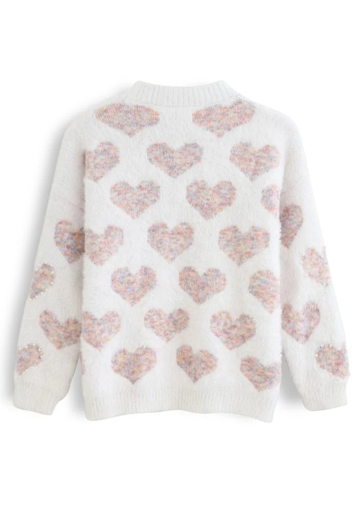 Fuzzy Pink Heart Pearl Trim Knit Sweater | Chicwish