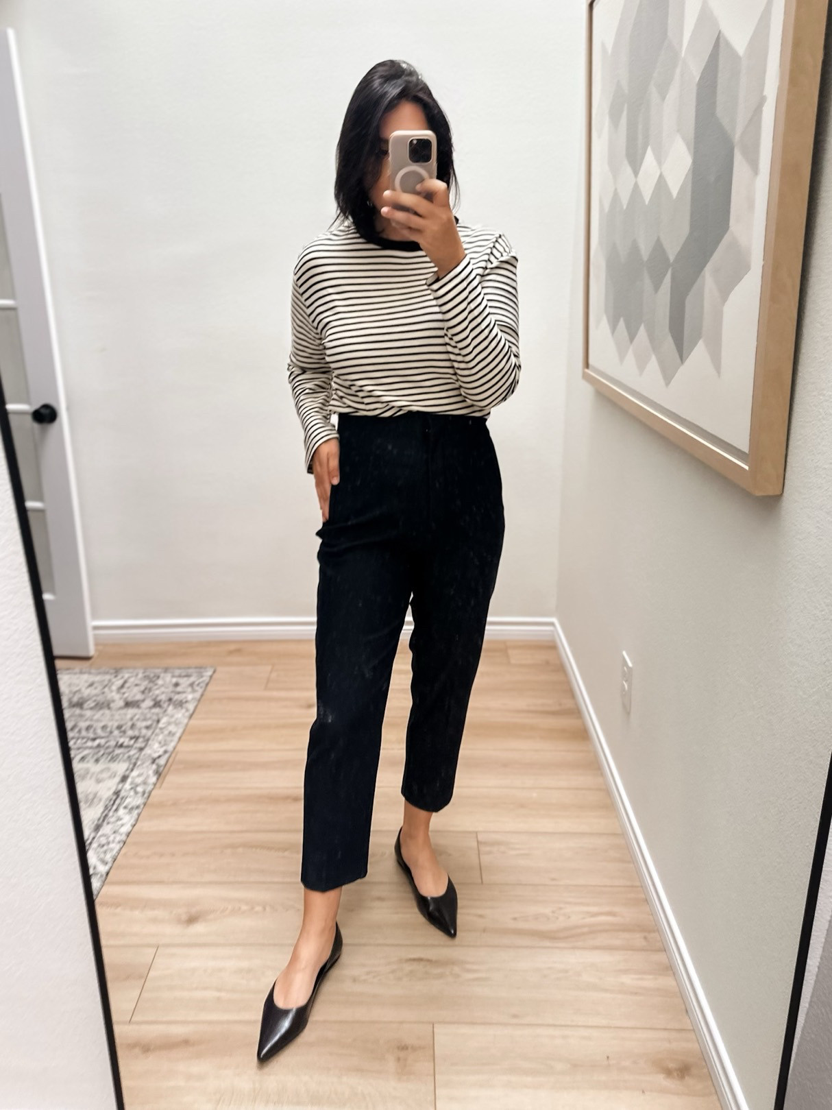 I can’t decided on this striped tee – it fits tighter than I was expecting and that always throws me. So I can’t tell if I like it or not yet. As far as quality, it’s a thicker knit and holds its shape well. I am in the large and it fits like a medium to me. The bodice is the most fitted but not super tight, just more tailored than expected. 

I'm in the large of the trousers, fit is TTS! Mostly fitted at the waist. 

I'm in the medium of the bomber, TTS fit. Cropped.  

 