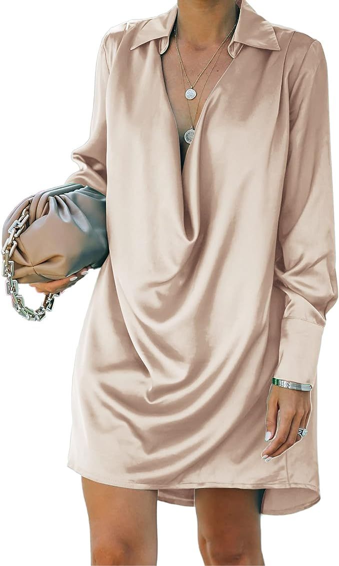 LYANER Women's Satin Collar V Neck Drape Ruched Front Flowy Long Sleeve Short Mini Dress | Amazon (US)