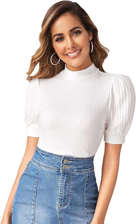 Verdusa Women's Puff Sleeve Mock Neck Slim Fit Ribbed T-Shirt Top | Amazon (US)