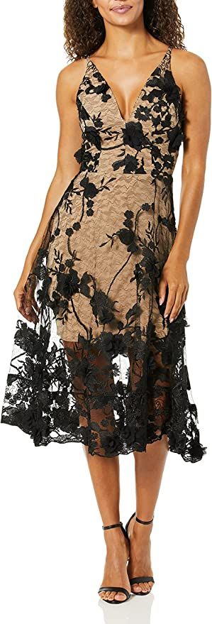 Dress the Population Women's Audrey Spaghetti Strap Midi A-line 3D Floral Dress | Amazon (US)