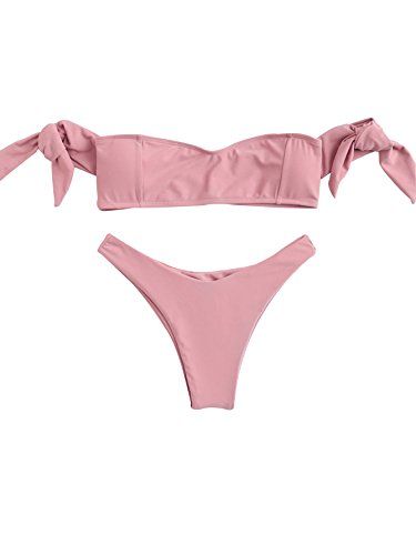 SweatyRocks Women's Sexy Bikini Set Pink Off Shoulder Bandeau Two Piece Swimsuit | Amazon (US)