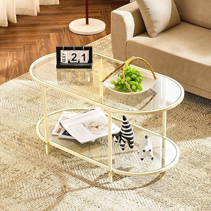 VINGLI 38" Glass Coffee Table, Oval Coffee Tables for Living Room, Small Coffe Table with 2-Tier ... | Amazon (US)