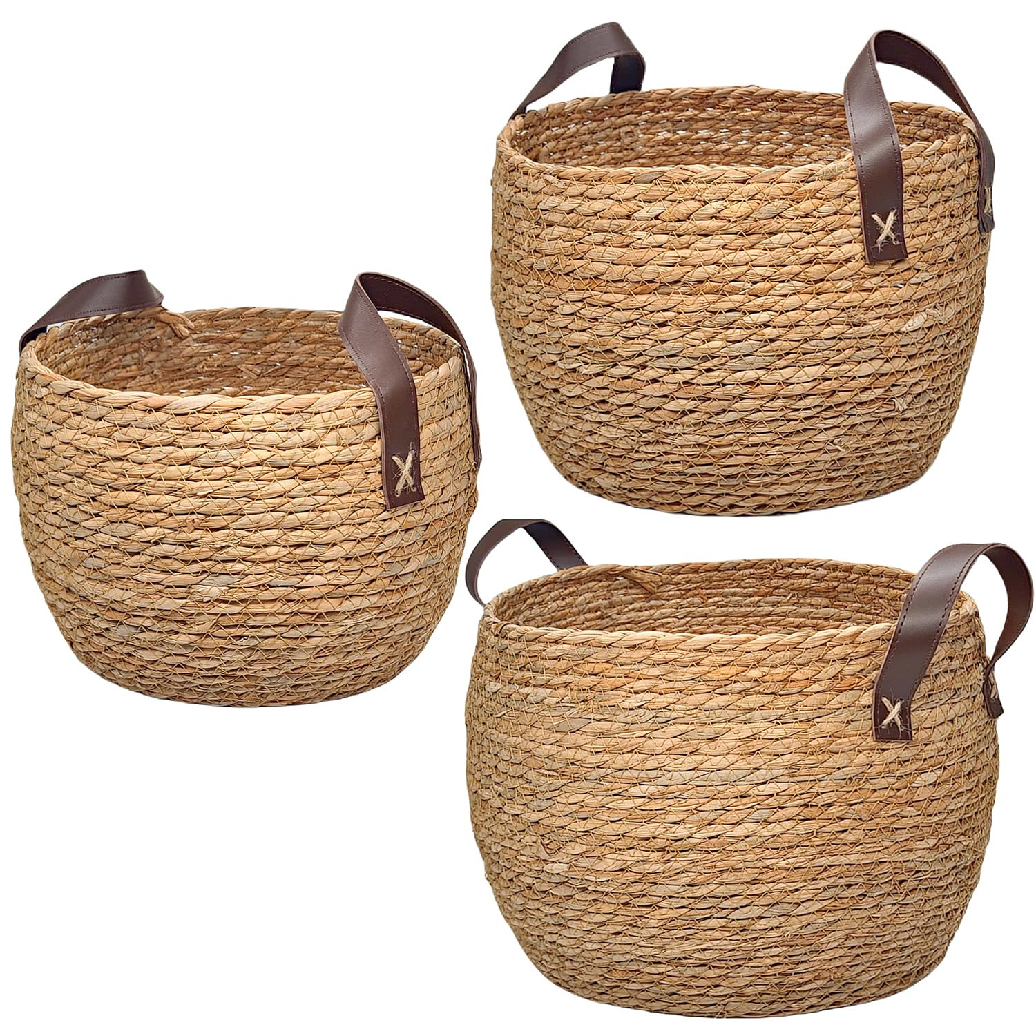 GIB Round Wicker Woven Seagrass Storage Baskets with Leather Handles Set of 3, Natural Decorative... | Amazon (US)