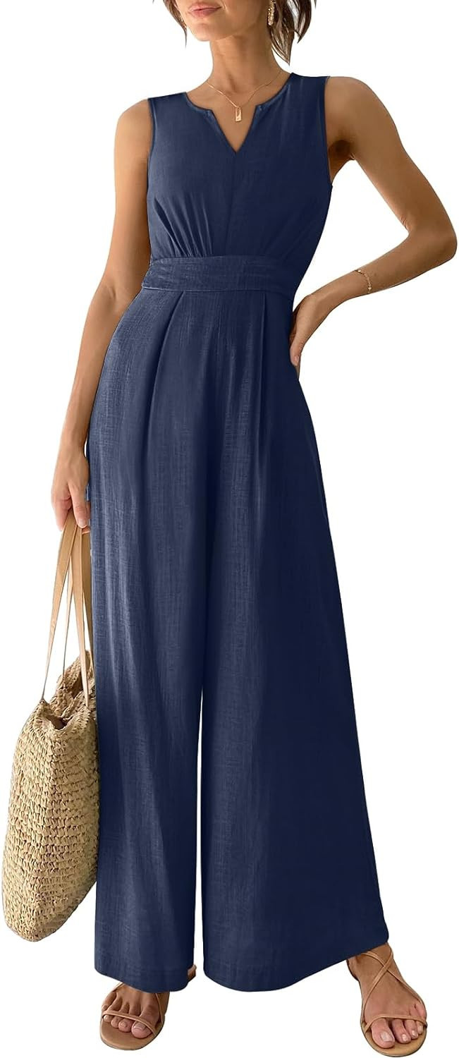 ANRABESS Women's Summer Wide Leg Jumpsuits V Neck Sleeveless High Waist Dressy Linen Romper with ... | Amazon (US)
