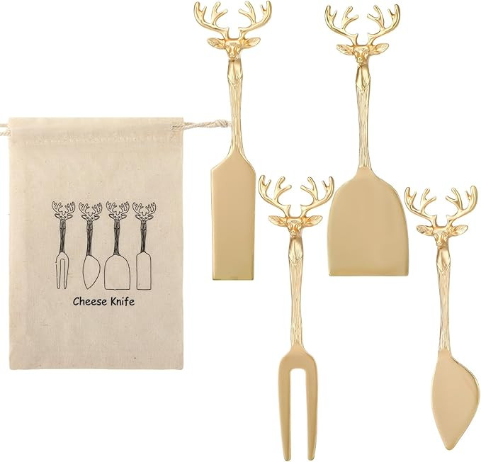 Set of 4 Christmas Cheese Knives Set with Bag Christmas Cheese Spreaders Reindeer Handle Brass Kn... | Amazon (US)