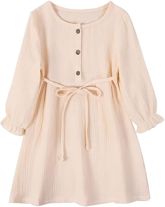 GLIGLITTR Toddler Baby Girl Cotton Linen Dress Long Sleeve Crew Neck Dresses Button Down Dresses ... | Amazon (US)