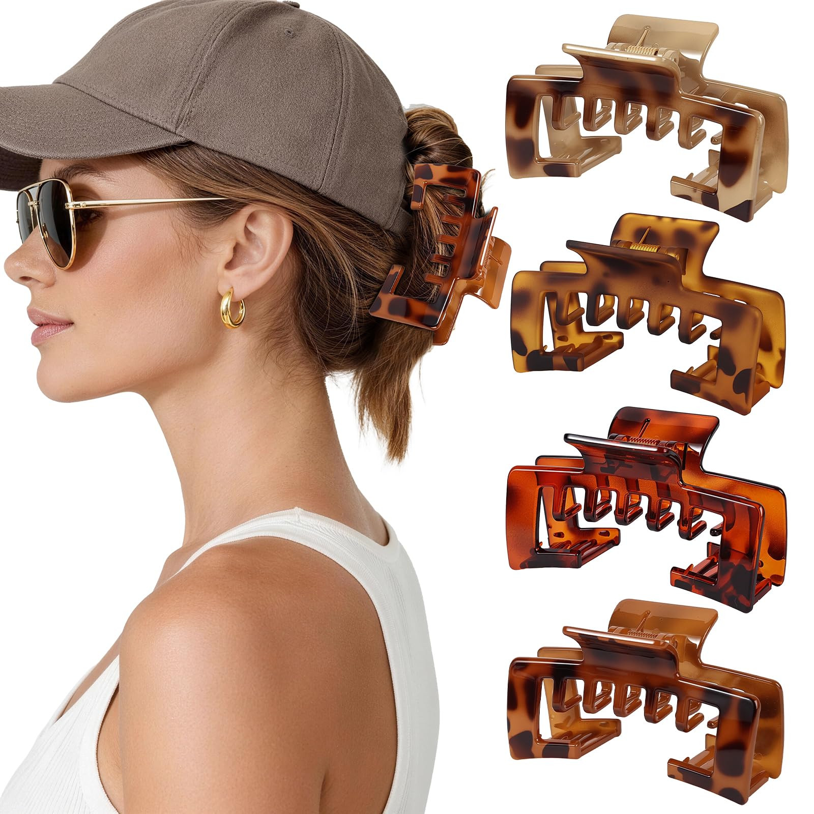 4 PCS Large Hair Clips for Baseball Cap, Tortoise Shell Adjustable Hats Claw Clips for Women Girl... | Amazon (US)