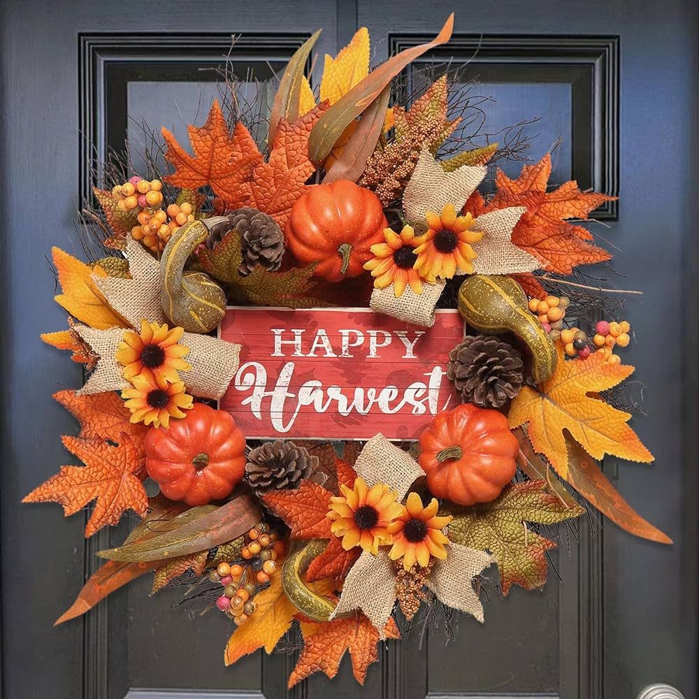 vofuly Fall Wreath for Front Door,20" Autumn Door Wreath with Burlap,Maple Leaf Harvest Farmhouse... | Amazon (US)
