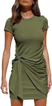 LILLUSORY Women's Summer T Shirt Dress Casual Short Sleeve Wrap Bodycon Ruched Tie Waist Mini Dre... | Amazon (US)
