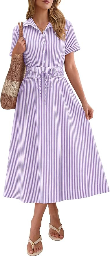 ANRABESS Womens Summer Midi Dress Short Sleeve Striped Plaid Button Collar Shirt Dresses 2026 Cas... | Amazon (US)