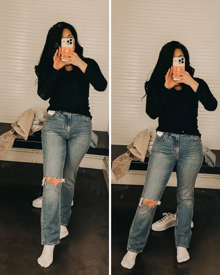 Abercrombie buy more save more use code jenreed for extra 15% off 
Wearing a 28s in the 90s ultra high rise slim straight jeans 

#straightjeans #slimstraight #distressedjeans #jeansforshortgirls #curvelove 

#LTKunder100 #LTKstyletip #LTKsalealert