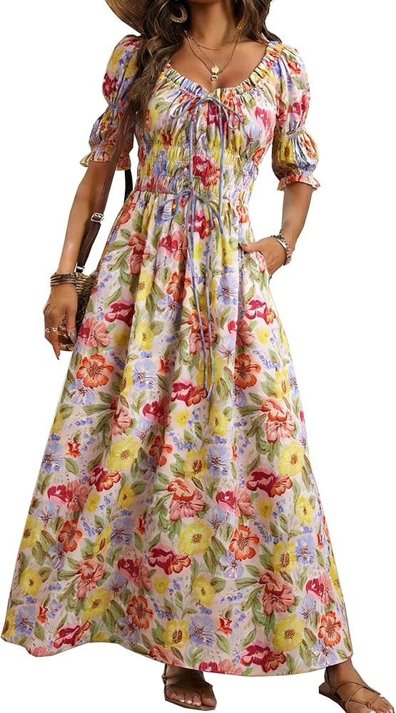 Women's Summer Puff Sleeve Maxi Dress Scoop Neck Smocked Tie Ruffle A Line Long Flowy Beach Dress... | Amazon (US)