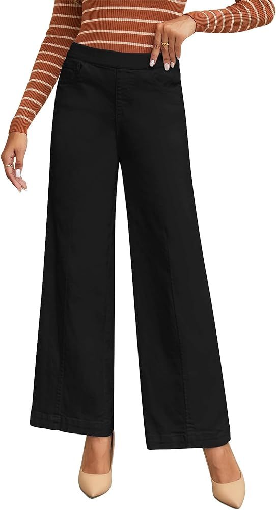 GRAPENT Pull On Womens Jeans Baggy Stretchy High Waisted Denim Wide Leg Trouser Pants Trendy Fron... | Amazon (US)