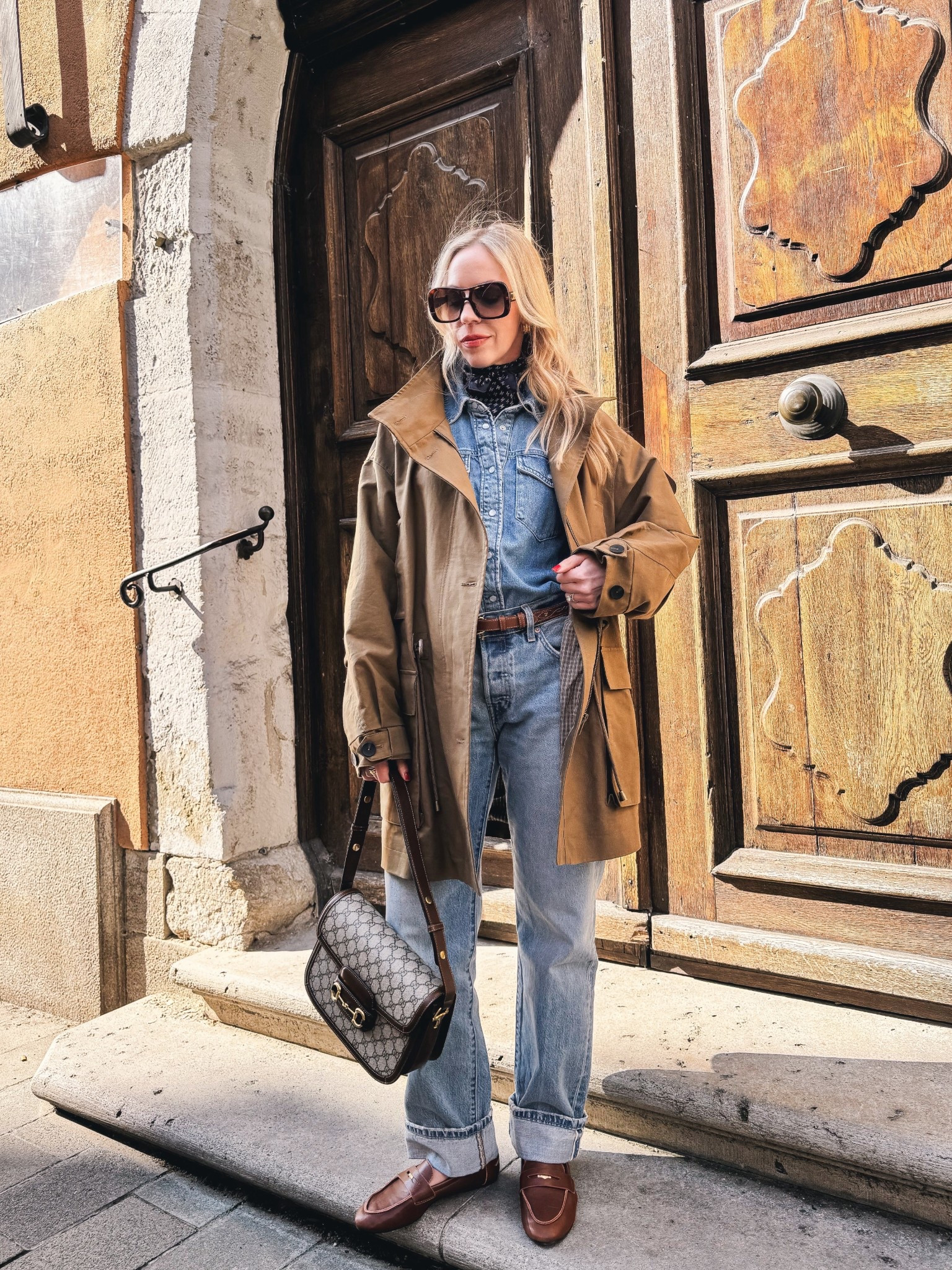 Spring outfit, @Zara utility jacket, denim on denim, @Levi's bootcut jeans, leather loafers, Gucci bag, European vacation look

#LTKSeasonal #LTKTravel #LTKOver40