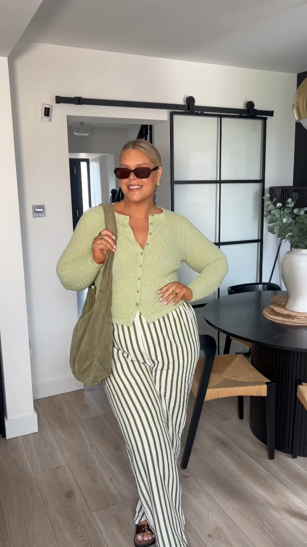Everyday mum outfit. Sunny day outfit. Green outfit. Cardigan. Wide leg trouser. Striped trouser. ASOS. Make up of the day. Glowy skin. Charlotte tilbury. ASOS. Green bag. Sandals. Summer style. Mum style. Post partum style. Comfy outfit. 

#LTKcurves #LTKuk #LTKstyletip