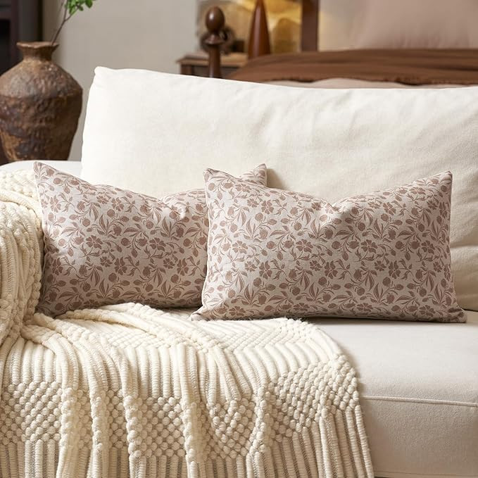 Aeckself Neutral Floral Lumbar Pillow Covers 12x20 Set of 2, Vintage Block Print Throw Pillow Cov... | Amazon (US)
