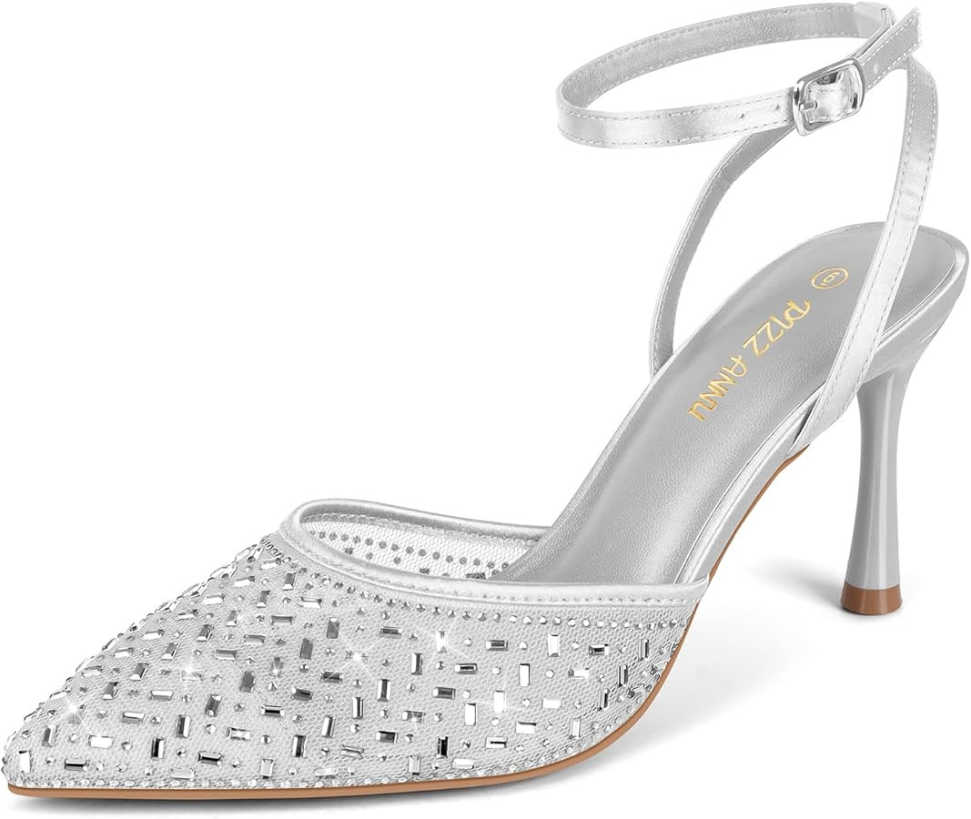 PIZZ ANNU Women's Cienna High Heels Sexy Stiletto Pumps Closed Toe Mesh Sparkly Rhinestones Ankle... | Amazon (US)