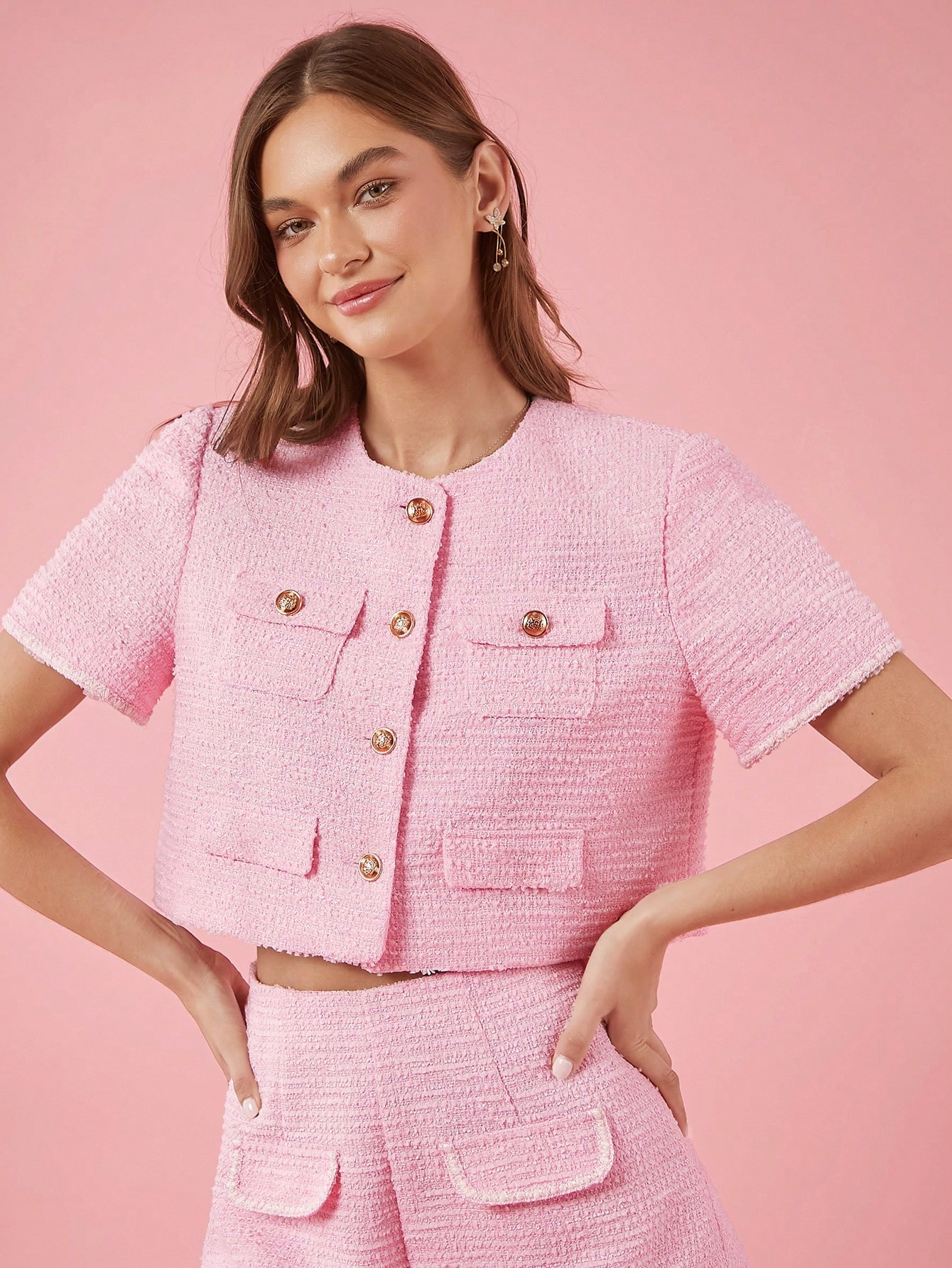 Enchnt Fall Holiday Romantic Women's Solid Color Puff Sleeve Metal Button Short Pink Jacket, Spring Summer | SHEIN