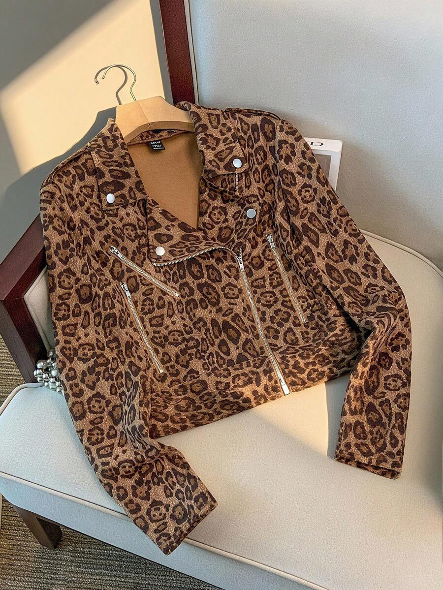 Franclia Women's Fitted Leopard Print Zip Decor Short Biker Jacket | SHEIN