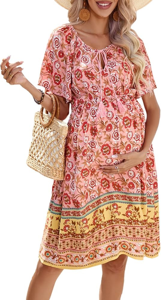 KOJOOIN Womens Maternity V Neck Floral Mini Dress Short Sleeve Boho Casual Flowy Summer Beach Dre... | Amazon (US)