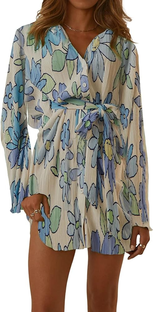 LYANER Women's Collar V Neck Button Down Pleated Long Sleeve Mini Shirt Dress with Belt | Amazon (US)