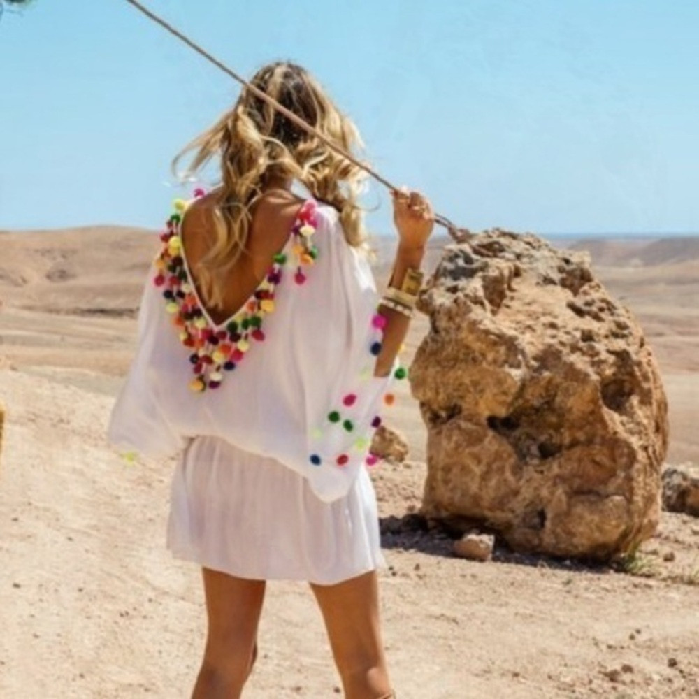 NWT Anthropologie x Sundress Coverup Loulou Pom Pom Tassels White Multi | Poshmark