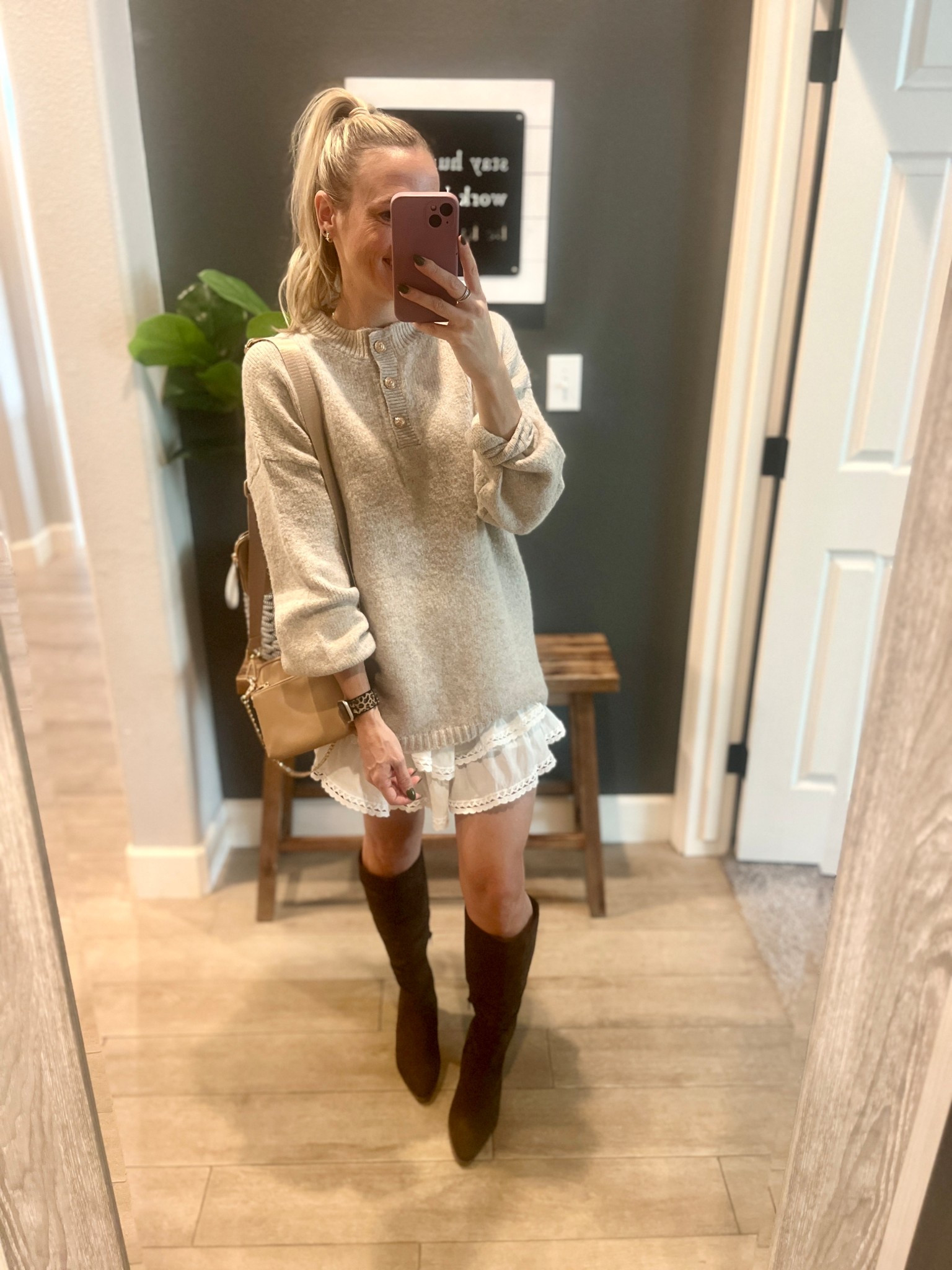 Date night, Thanksgiving outfit, flirty skirt and oversized sweater, knee high boots. 

Linked similar sweaters and boots. Love this skirt! 